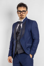 Robe à col mao et à col damassé 747 | Bleu