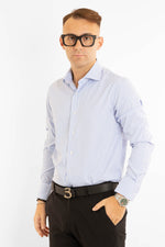 Camicia No Stiro Slim Doppio Ritorto Riga Larga | Celeste