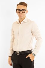 Camicia No Stiro Slim Doppio Ritorto Riga Larga | Beige
