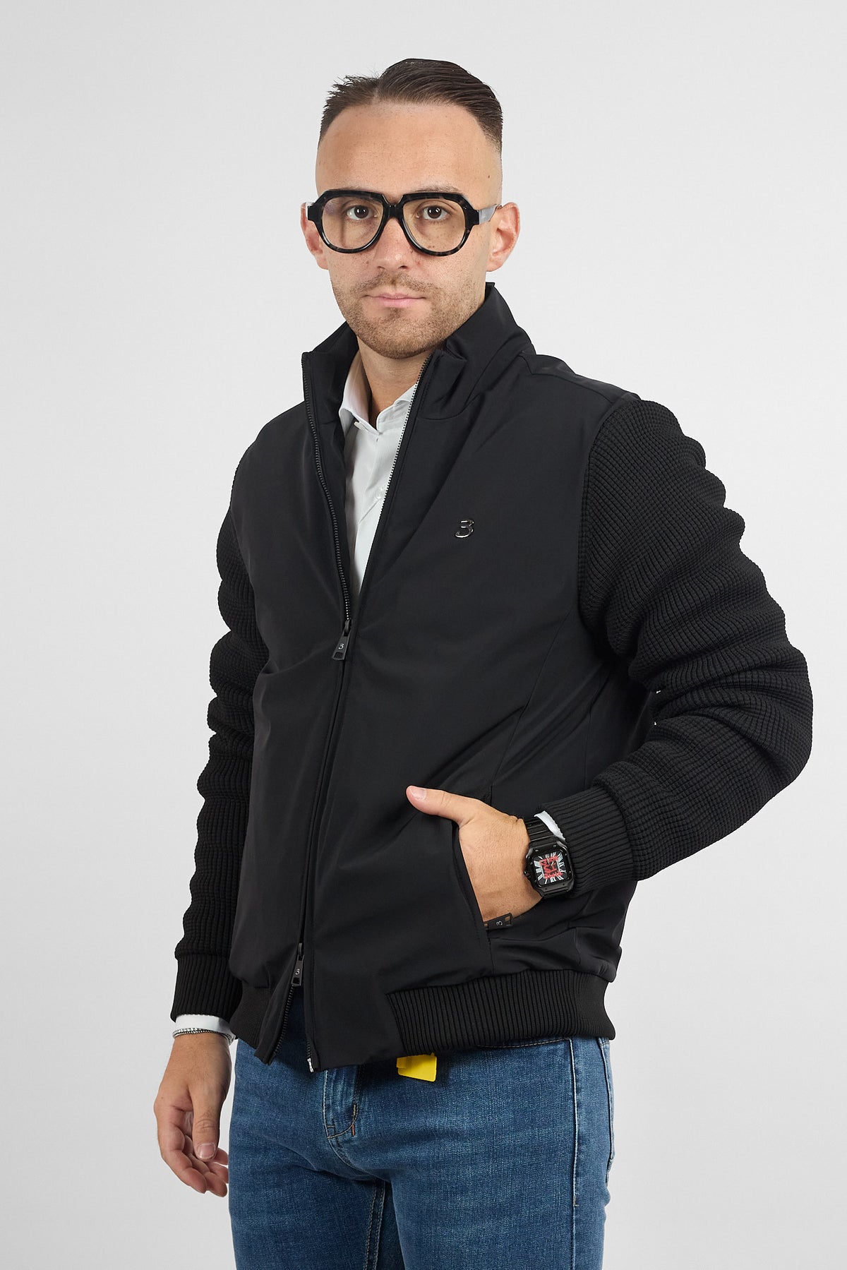 Bomber Active Full Zip con Maniche in Maglia 3143 | Nero