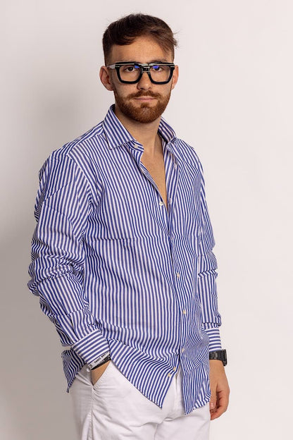 100% Cotton Semi Slim Wide Striped Shirt | Blue