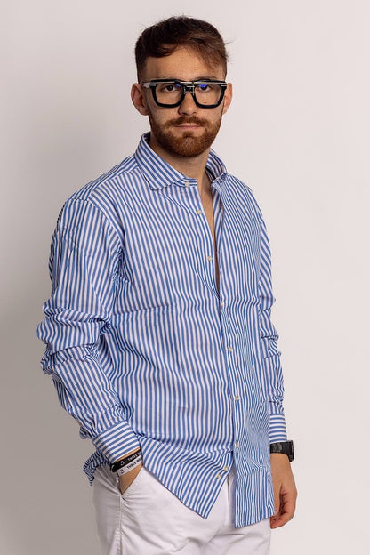 100% Cotton Semi Slim Wide Striped Shirt | Celeste