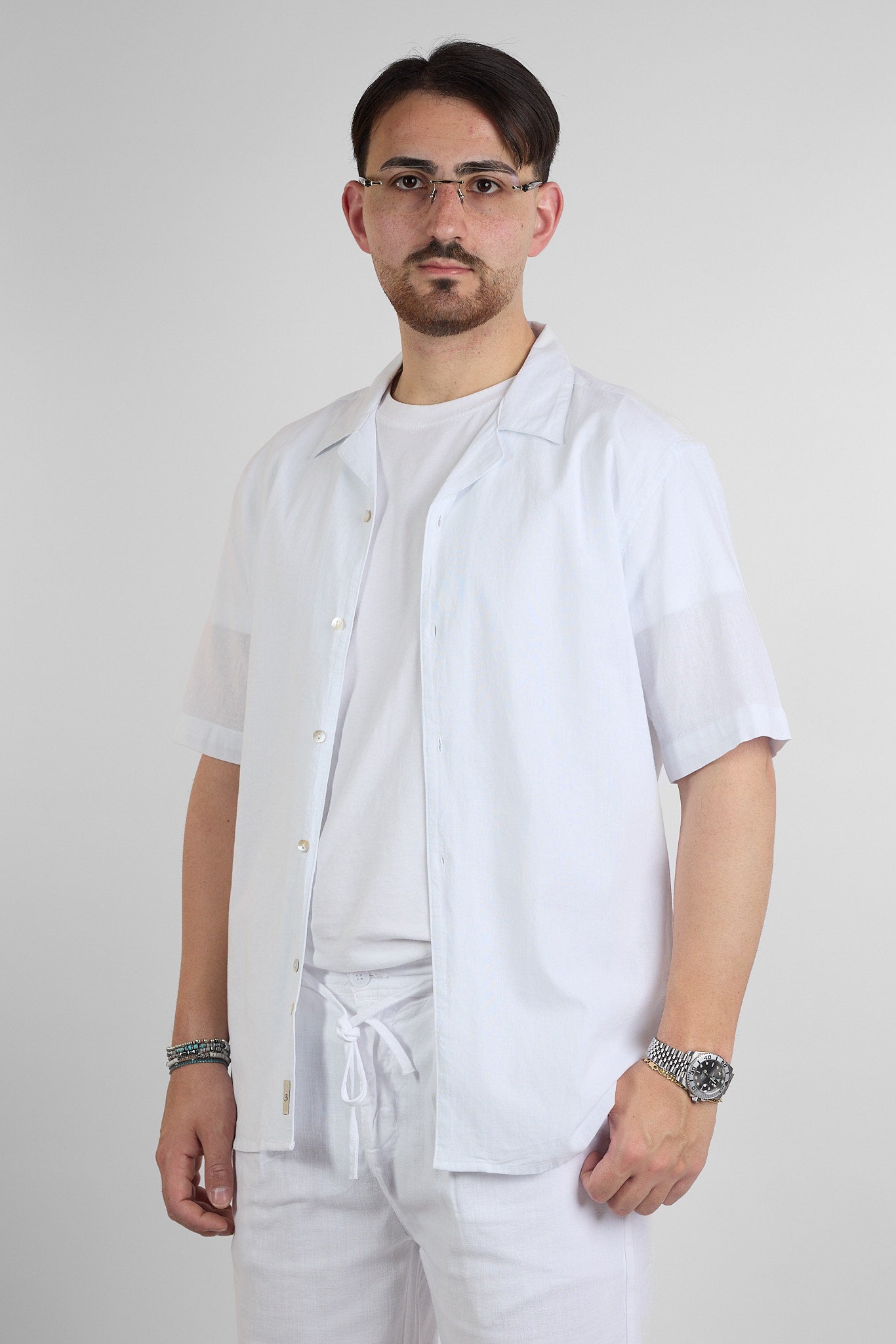 Camicia Mezza Manica Bowling Misto Lino | Bianco