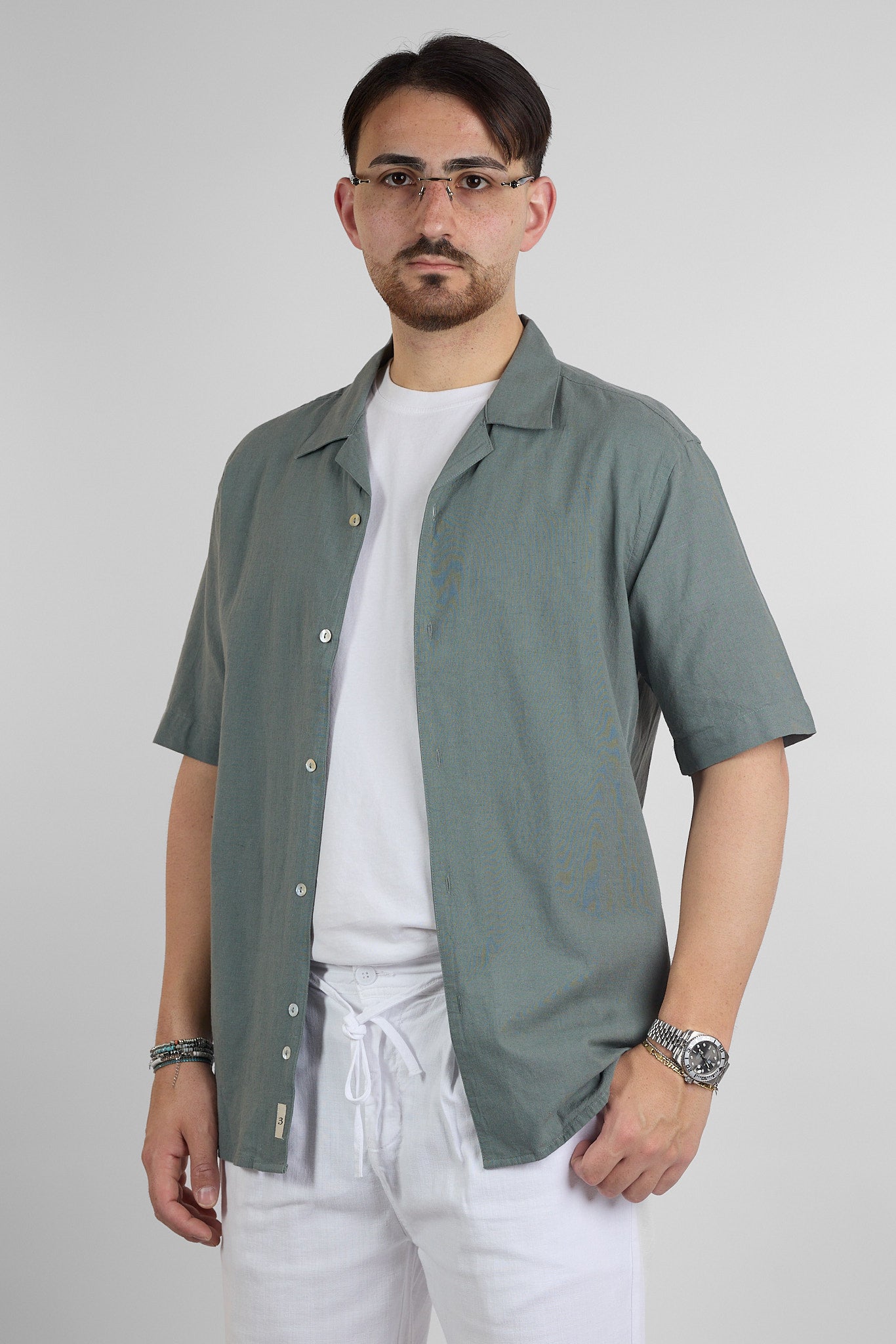 Camicia Mezza Manica Bowling Misto Lino | Verde