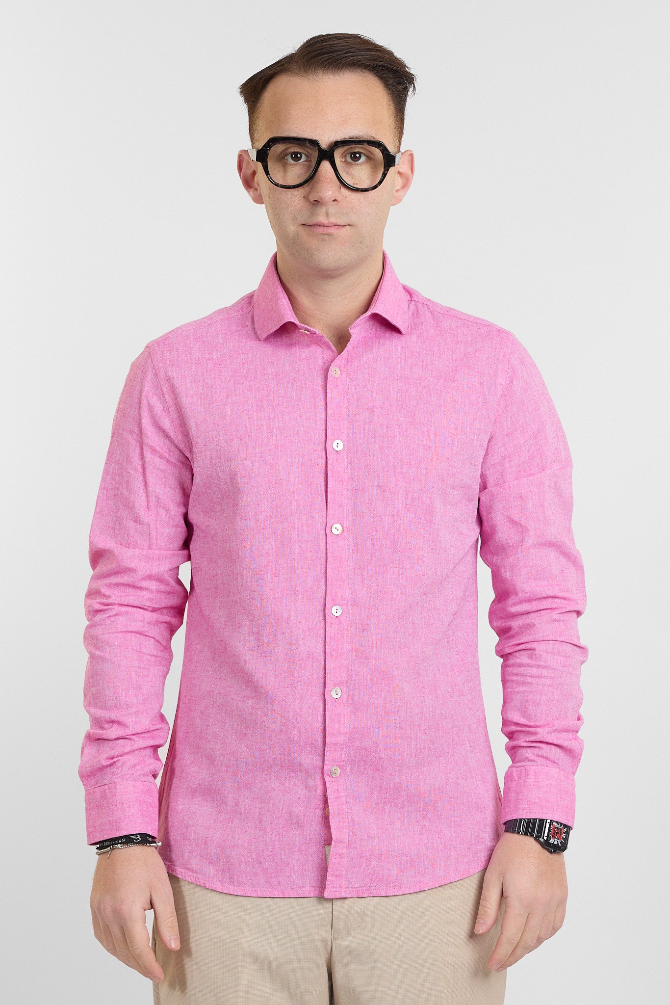 Camicia Linen Blend Slim Basic | Rosa Lampone 4