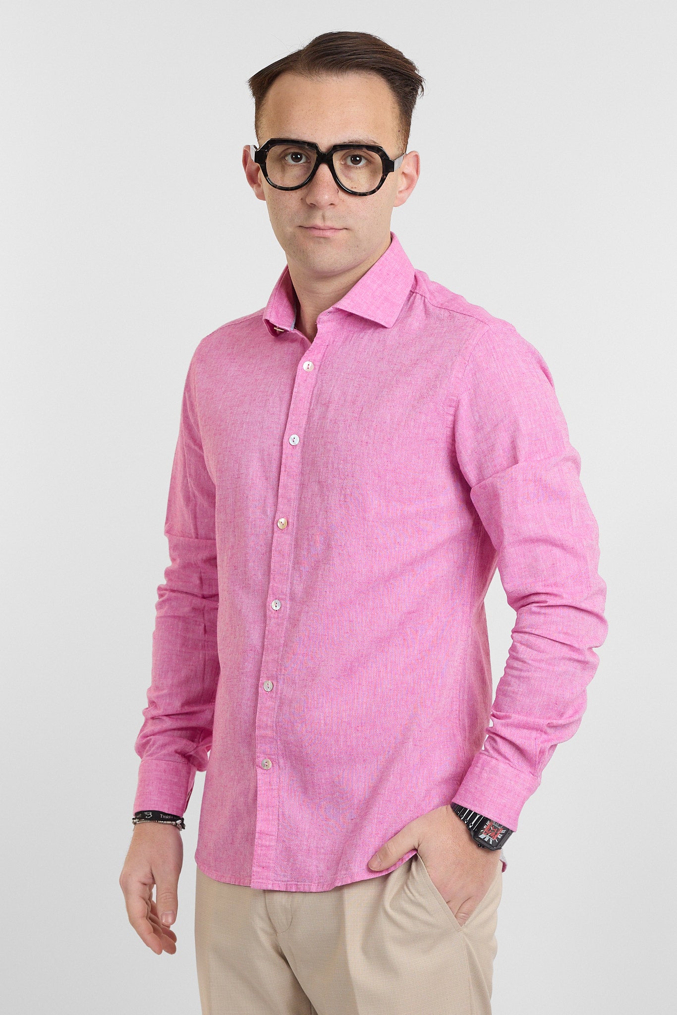 Camicia Linen Blend Slim Basic | Rosa Lampone 4