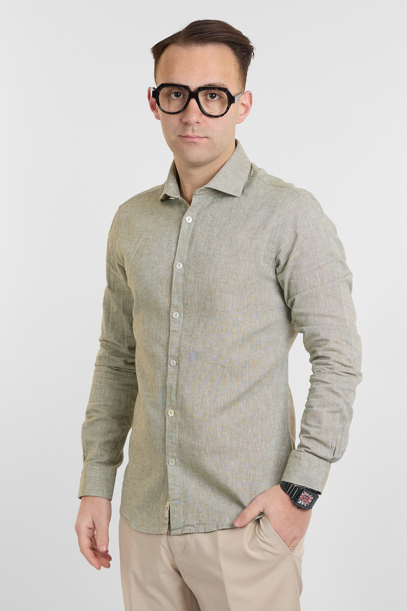 Camicia Linen Blend Slim Basic | Salvia 05