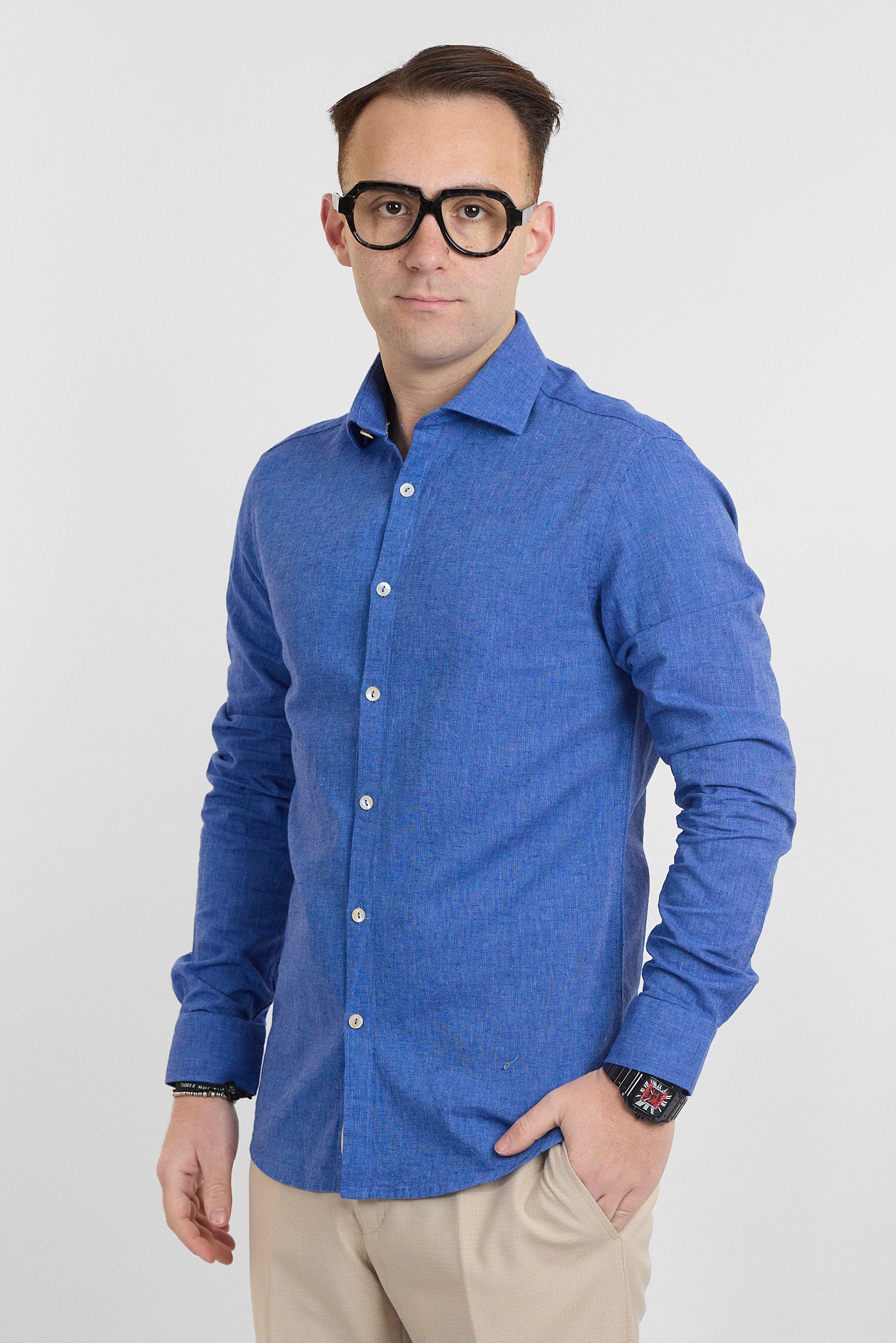 Camicia Linen Blend Slim Basic | Cobalto 65