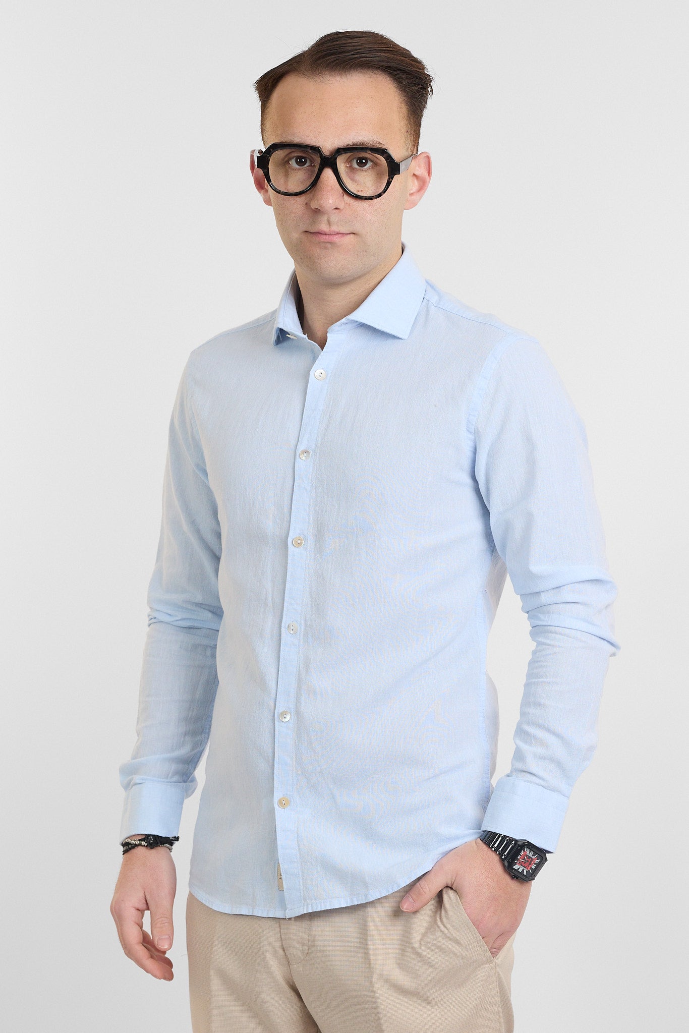 Camicia Linen Blend Slim Basic | Celeste Chiaro 57