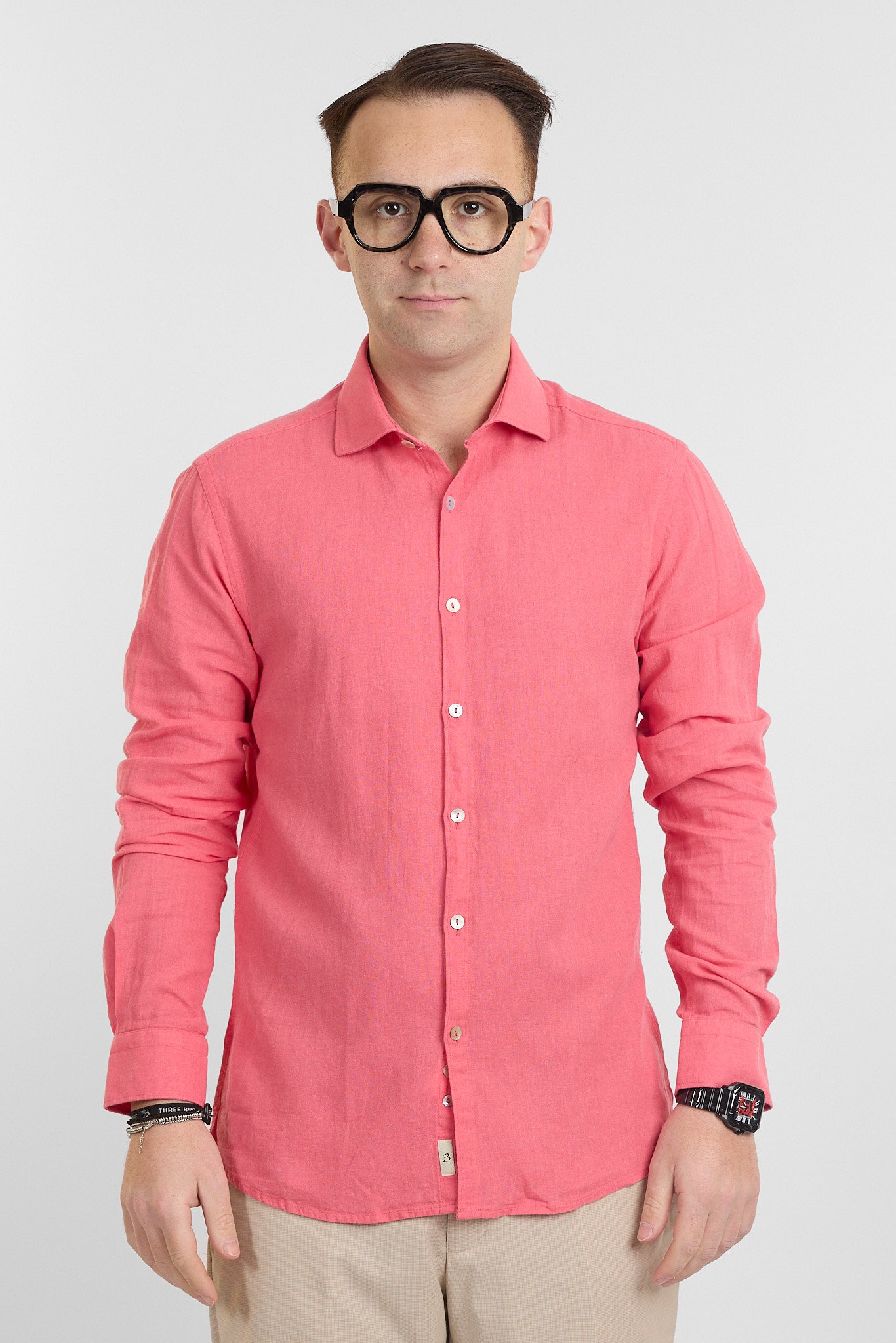 Camicia Linen Blend Slim Basic | Corallo 22