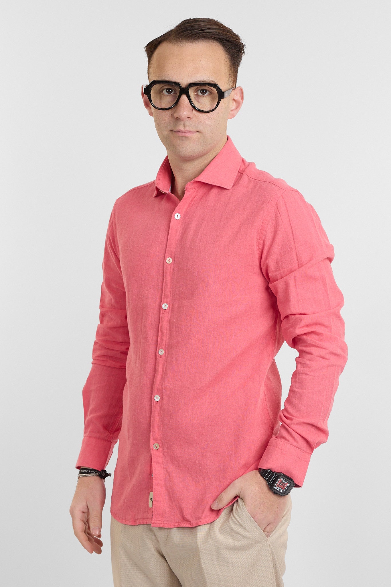 Camicia Linen Blend Slim Basic | Corallo 22