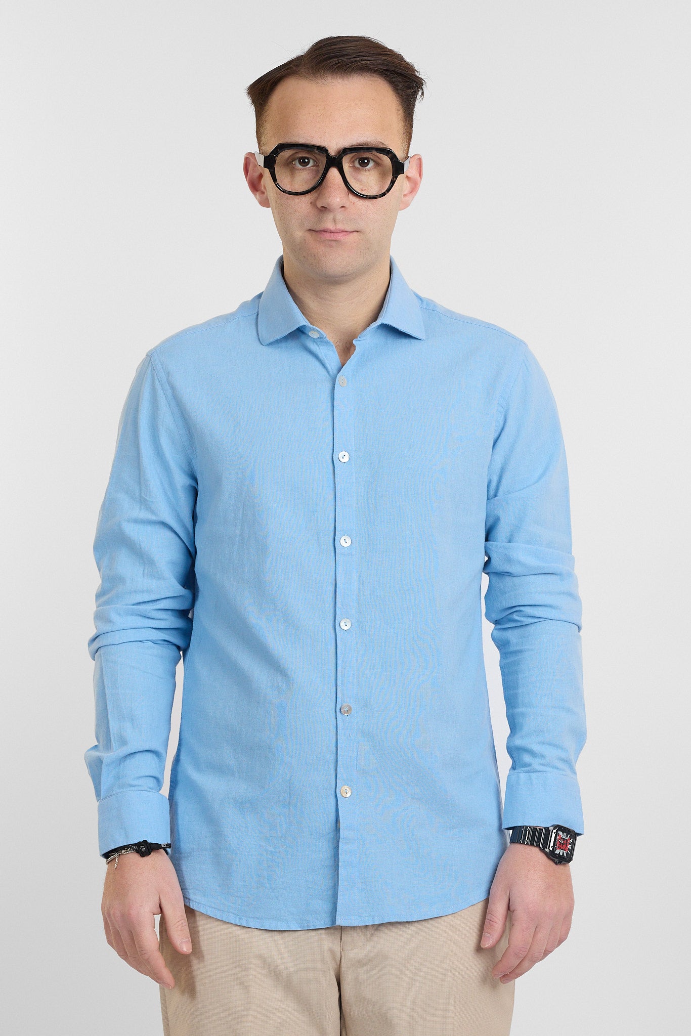 Camicia Linen Blend Slim Basic | Celeste 56