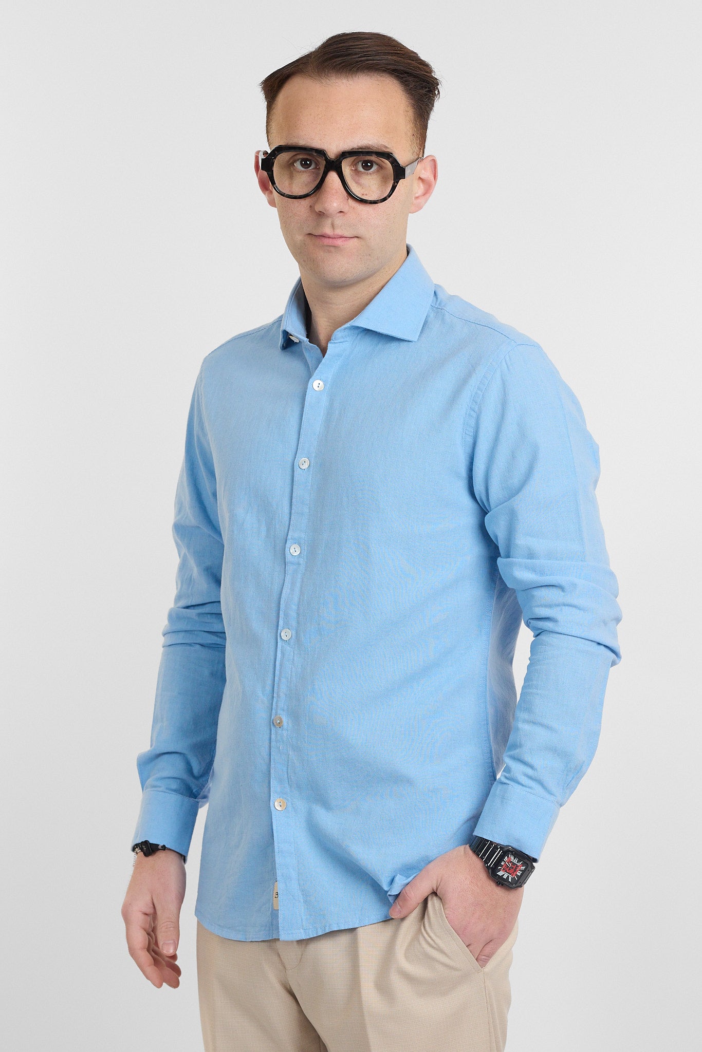 Camicia Linen Blend Slim Basic | Celeste 56