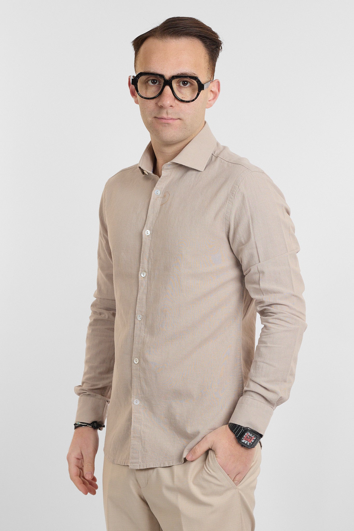 Camicia Linen Blend Slim Basic | Beige 9