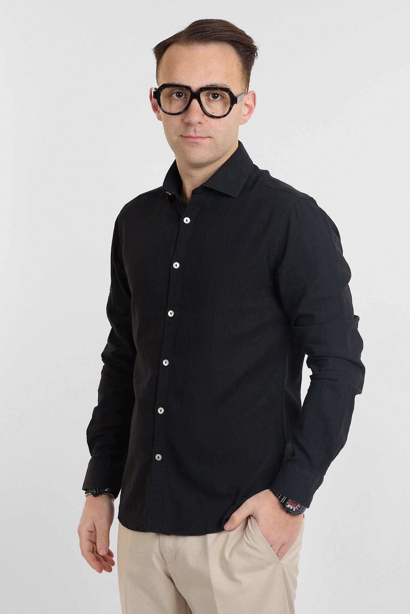 Camicia Linen Blend Slim Basic | Nero 92