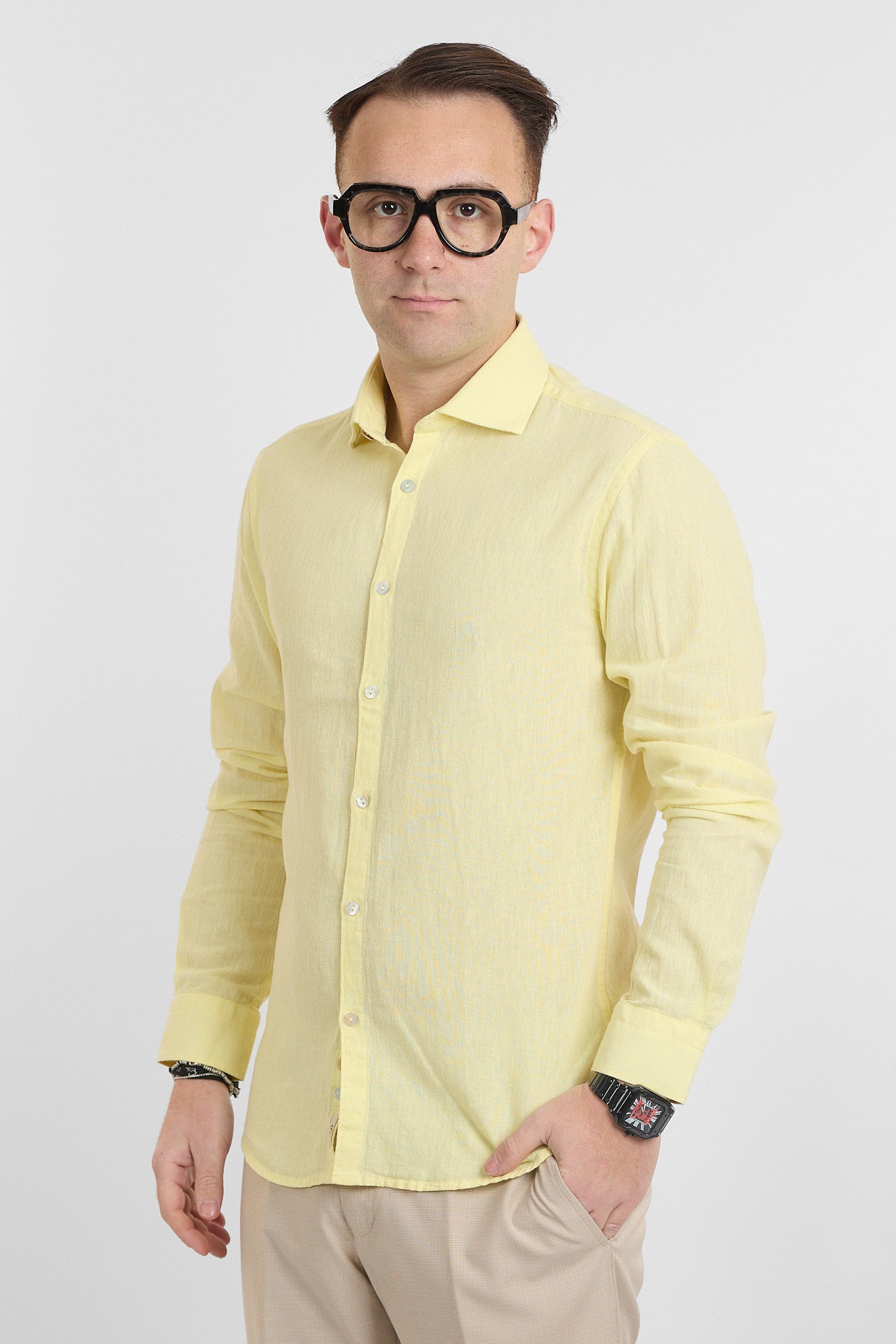 Camicia Linen Blend Slim Basic | Giallo Intenso 37