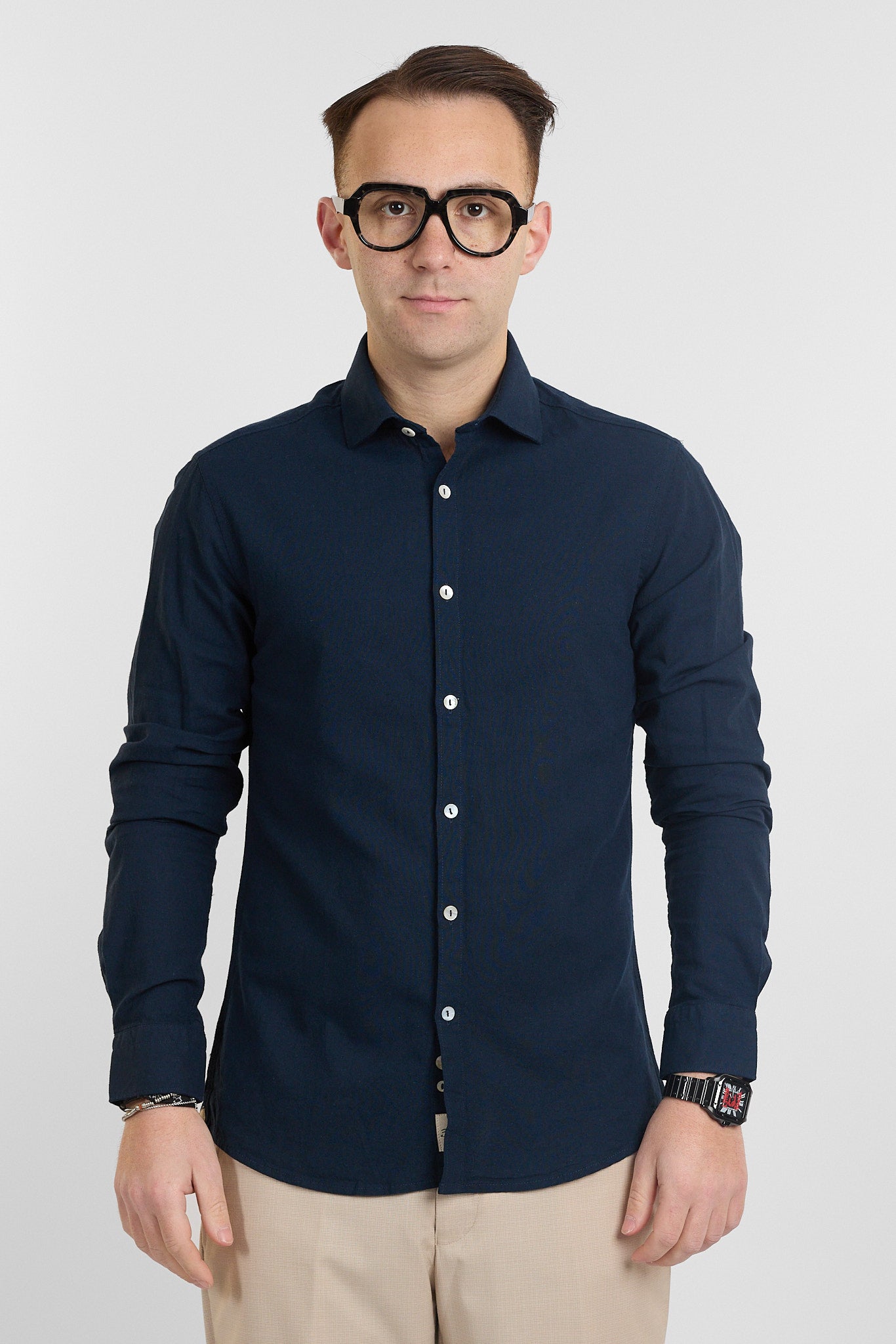 Camicia Linen Blend Slim Basic | Blu 60