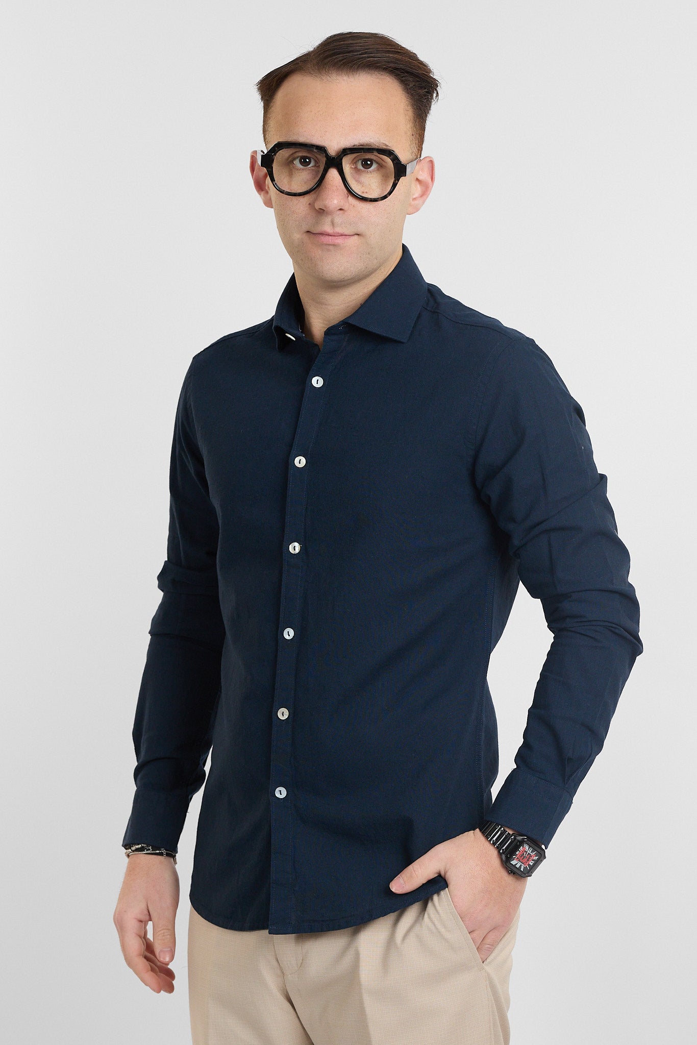 Camicia Linen Blend Slim Basic | Blu 60