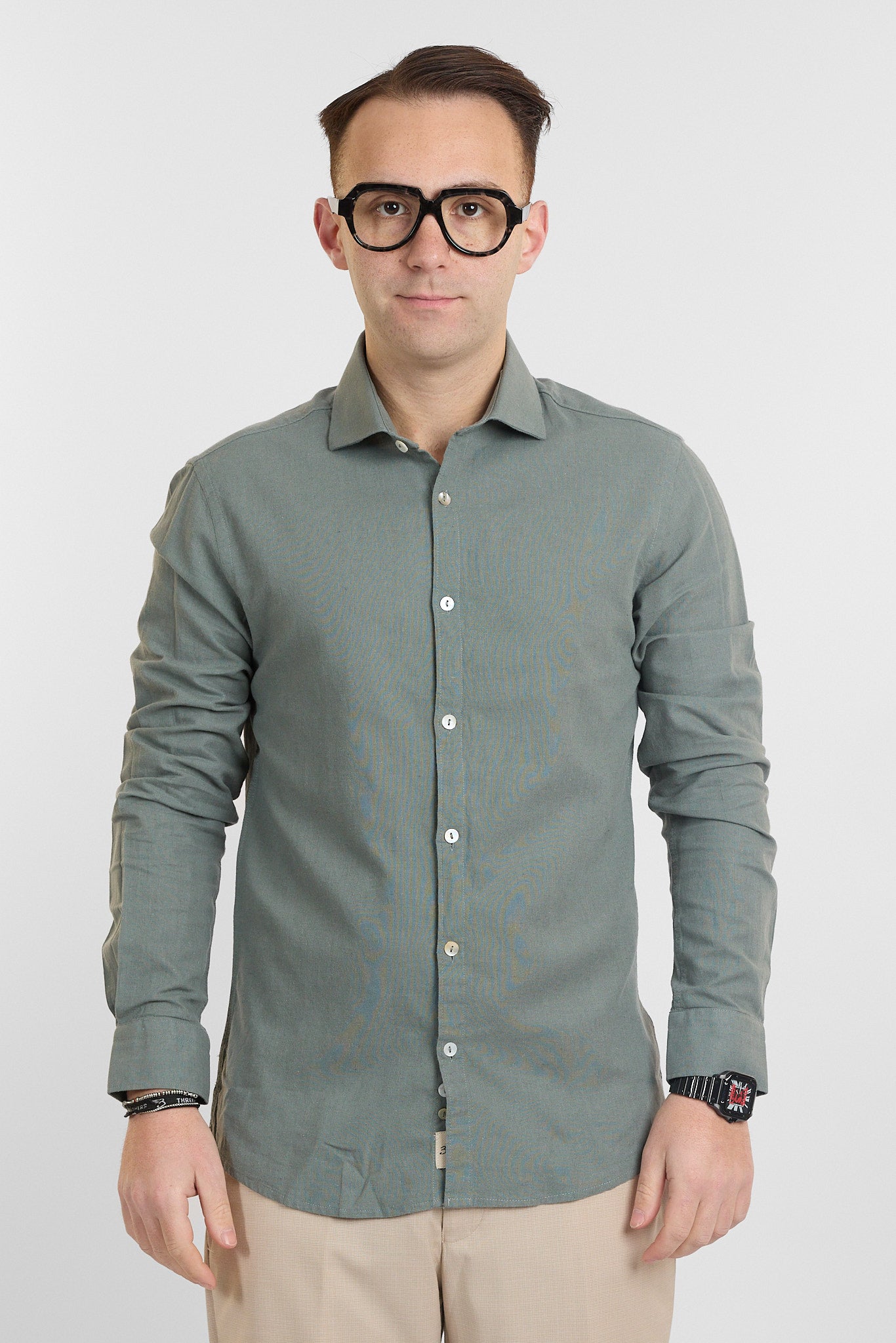 Camicia Linen Blend Slim Basic | Verde Militare 74