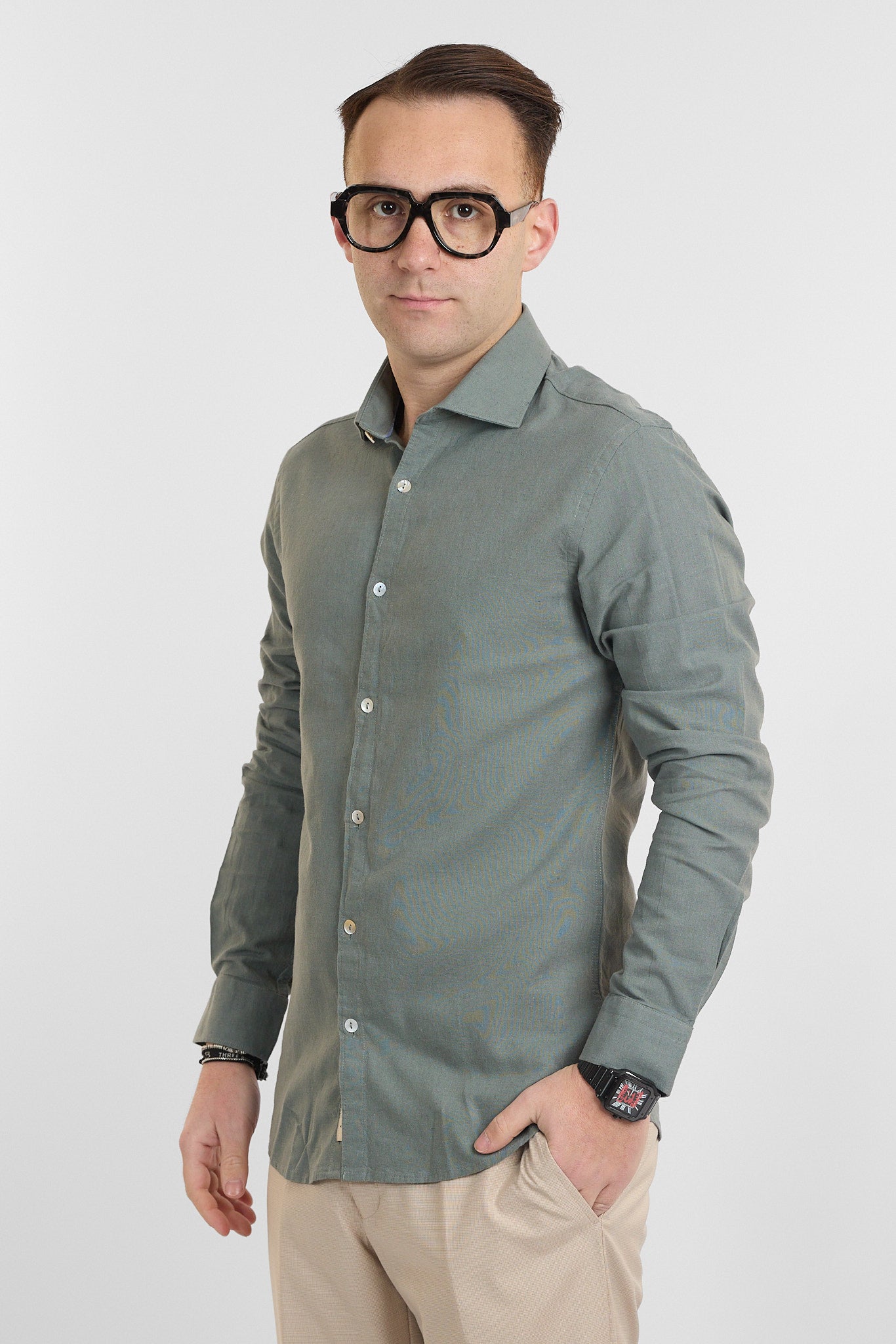 Camicia Linen Blend Slim Basic | Verde Militare 74