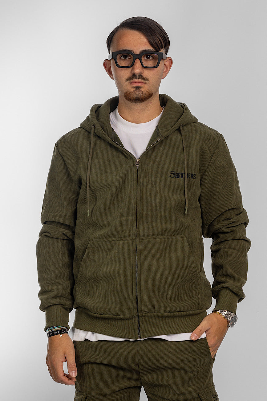 Sweat-shirt en velours avec fermeture éclair et capuche | Vert militaire