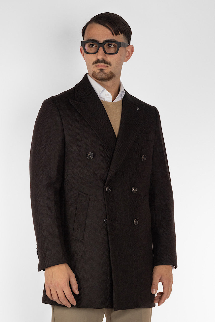 Double Breasted Herringbone Coat | Black