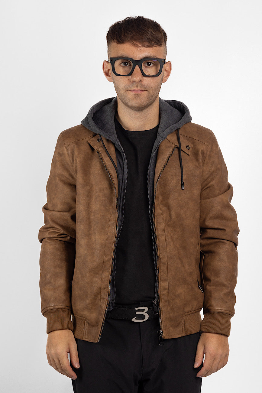 Faux Leather Bomber with Removable Hood | Brown