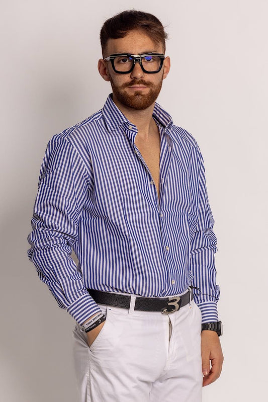 100% Cotton Semi Slim Wide Striped Shirt | Blue