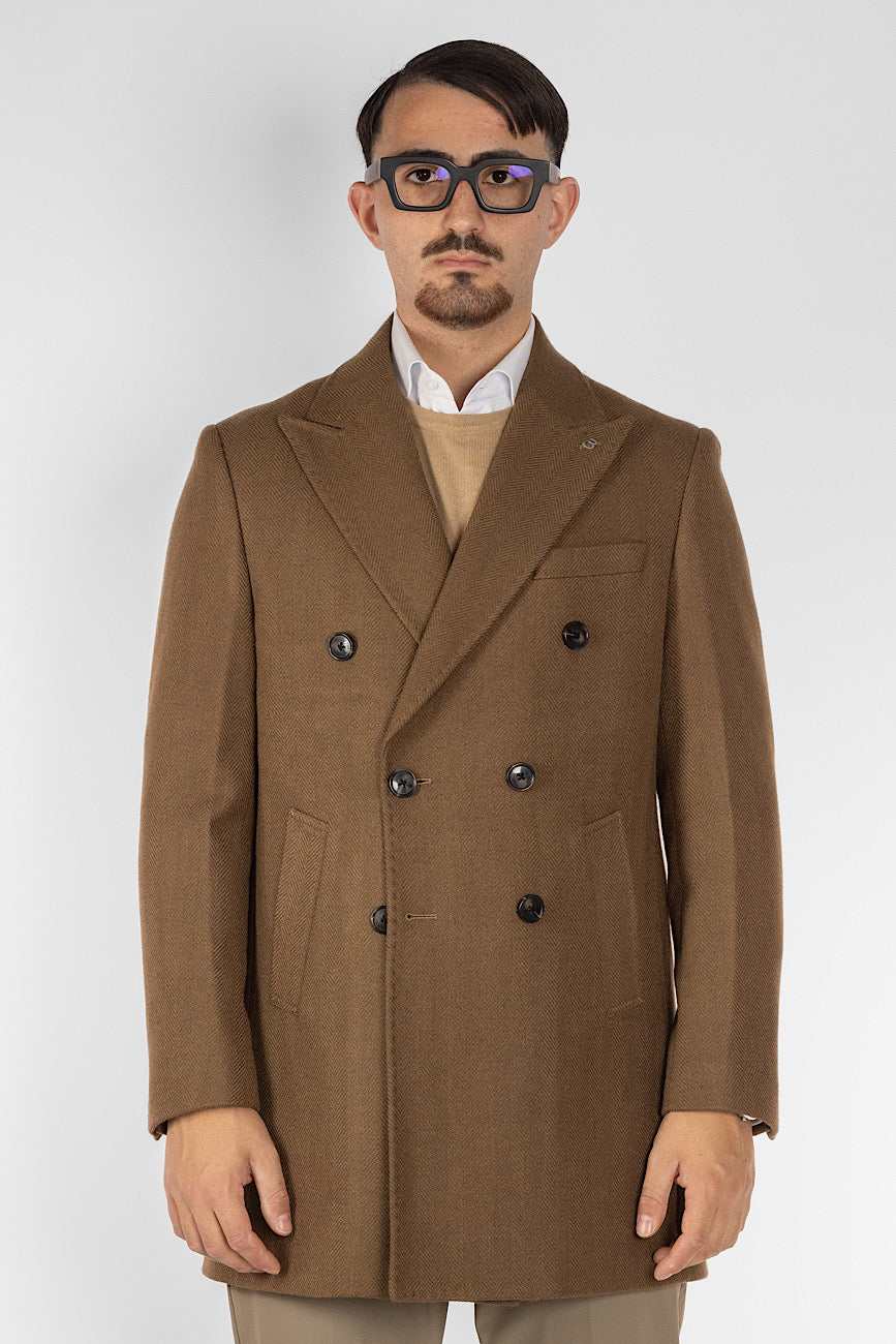 Double Breasted Herringbone Coat | Brown