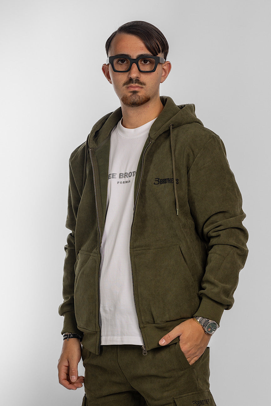 Sweat-shirt en velours avec fermeture éclair et capuche | Vert militaire