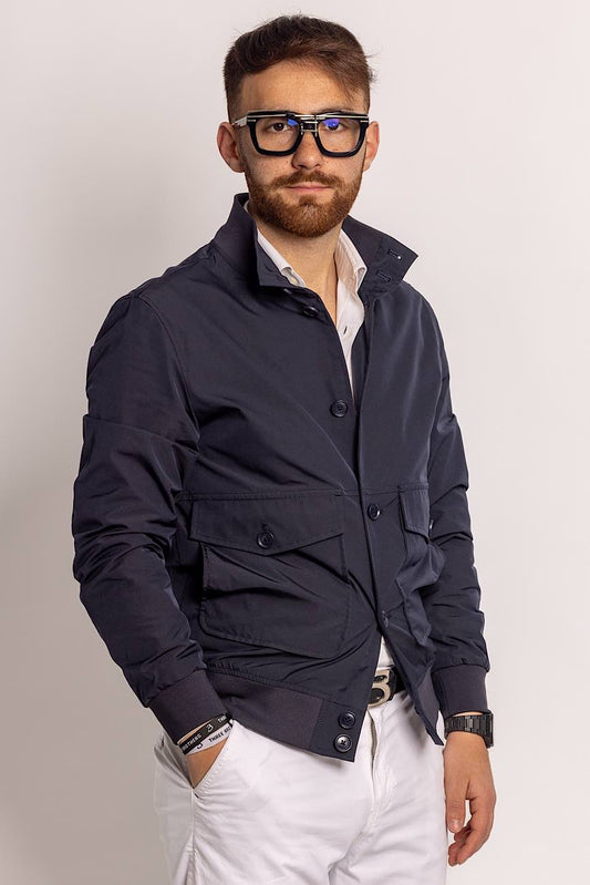 Multi-pocket bomber jacket in technical fabric | Blue