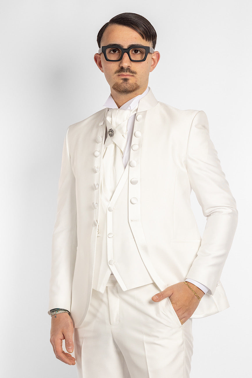 Robe col mao en satin 347 | Blanc