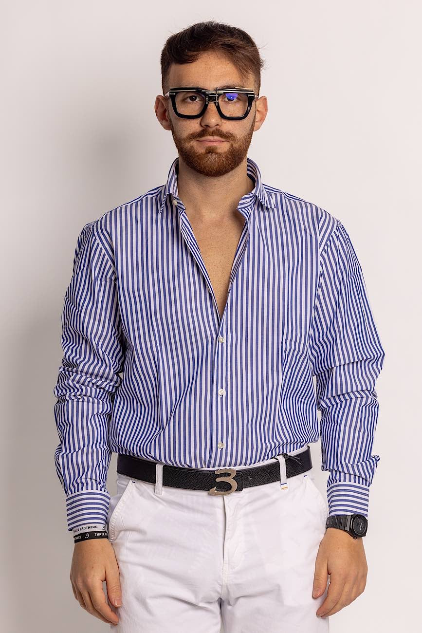 Chemise semi-mince à larges rayures 100 % coton | Bleu