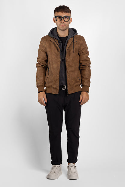 Faux Leather Bomber with Removable Hood | Brown