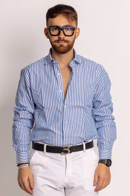 100% Cotton Semi Slim Wide Striped Shirt | Celeste