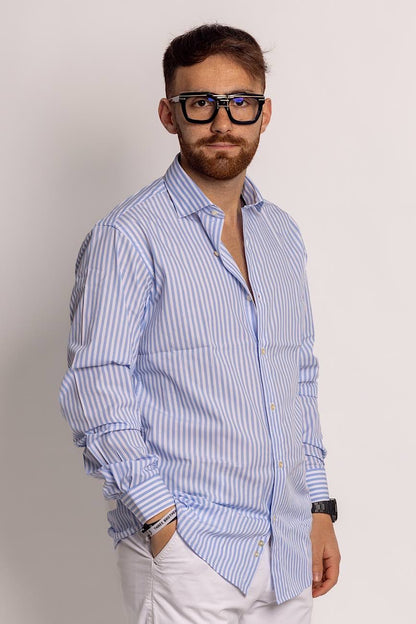 Camisa Rayas Anchas Semi Slim 100% Algodón | Azul claro