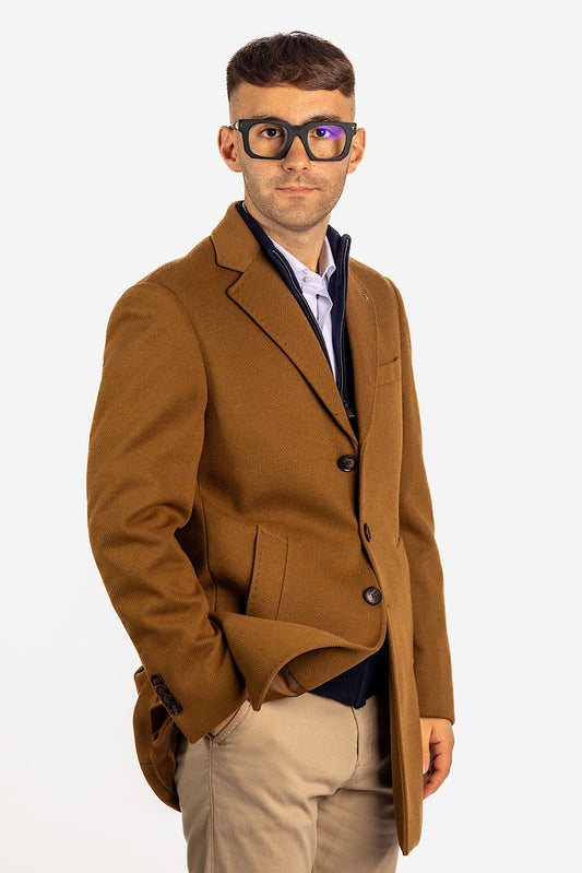 Herringbone Fabric Coat | Camel