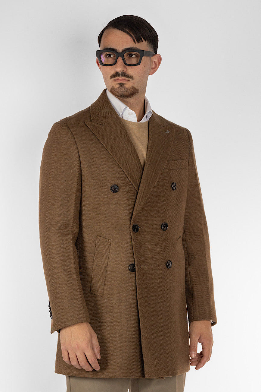 Double Breasted Herringbone Coat | Brown