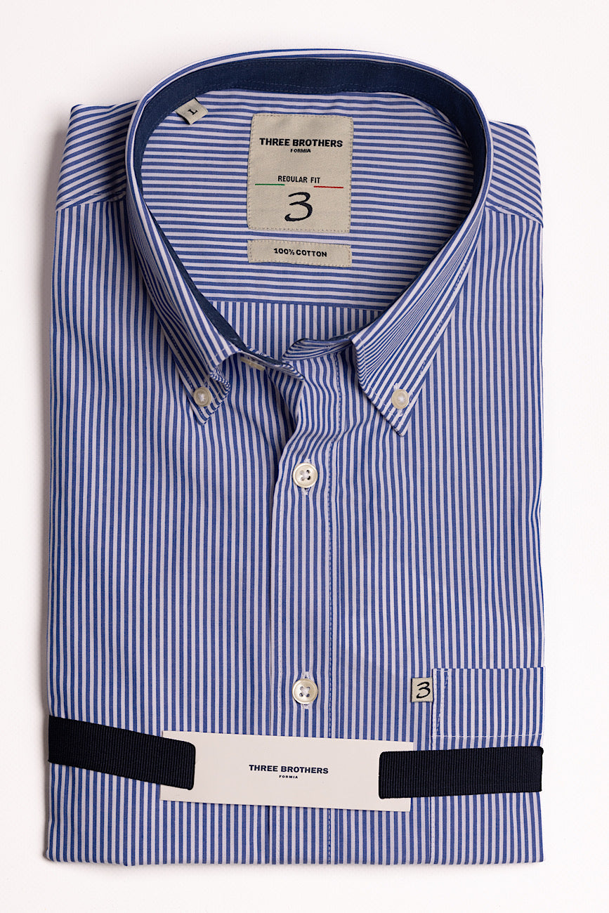 Camisa Regular Fit Rayas Medianas Blanco-Azul