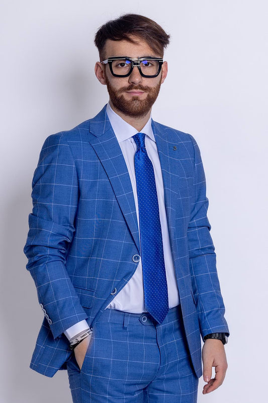 Two Button Prince of Wales Suit | Electric Blue