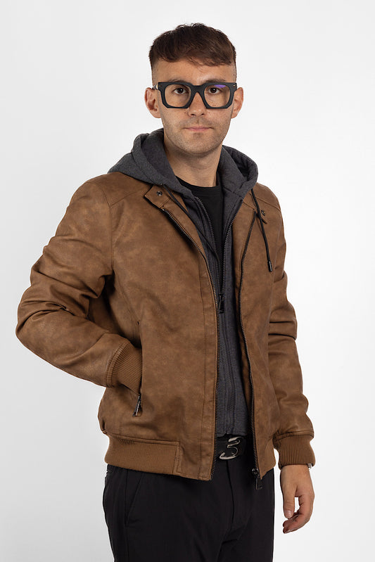 Faux Leather Bomber with Removable Hood | Brown