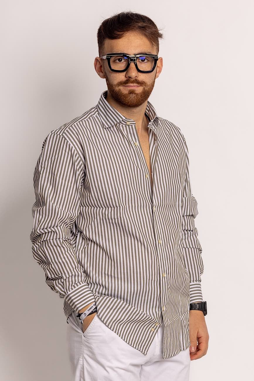 100% Cotton Semi Slim Wide Striped Shirt | Olive Green