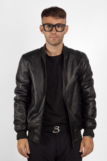 Padded Faux Leather Bomber | Black