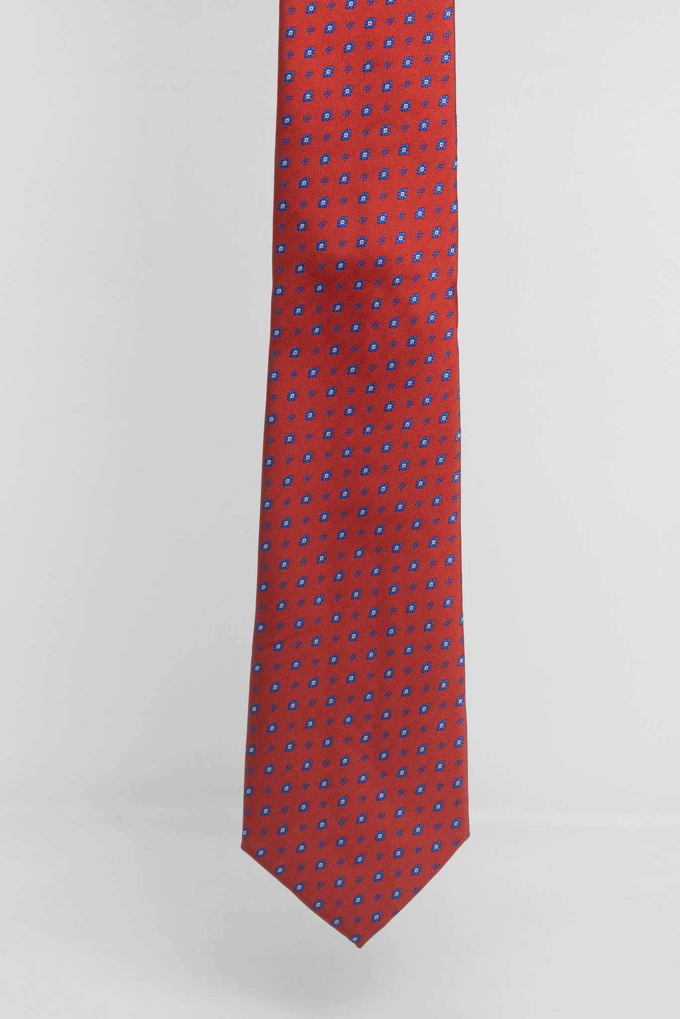 Cravatta Tre Pieghe Fantasia Astratta Azzurra su Fondo Rosso | 2 Per €20