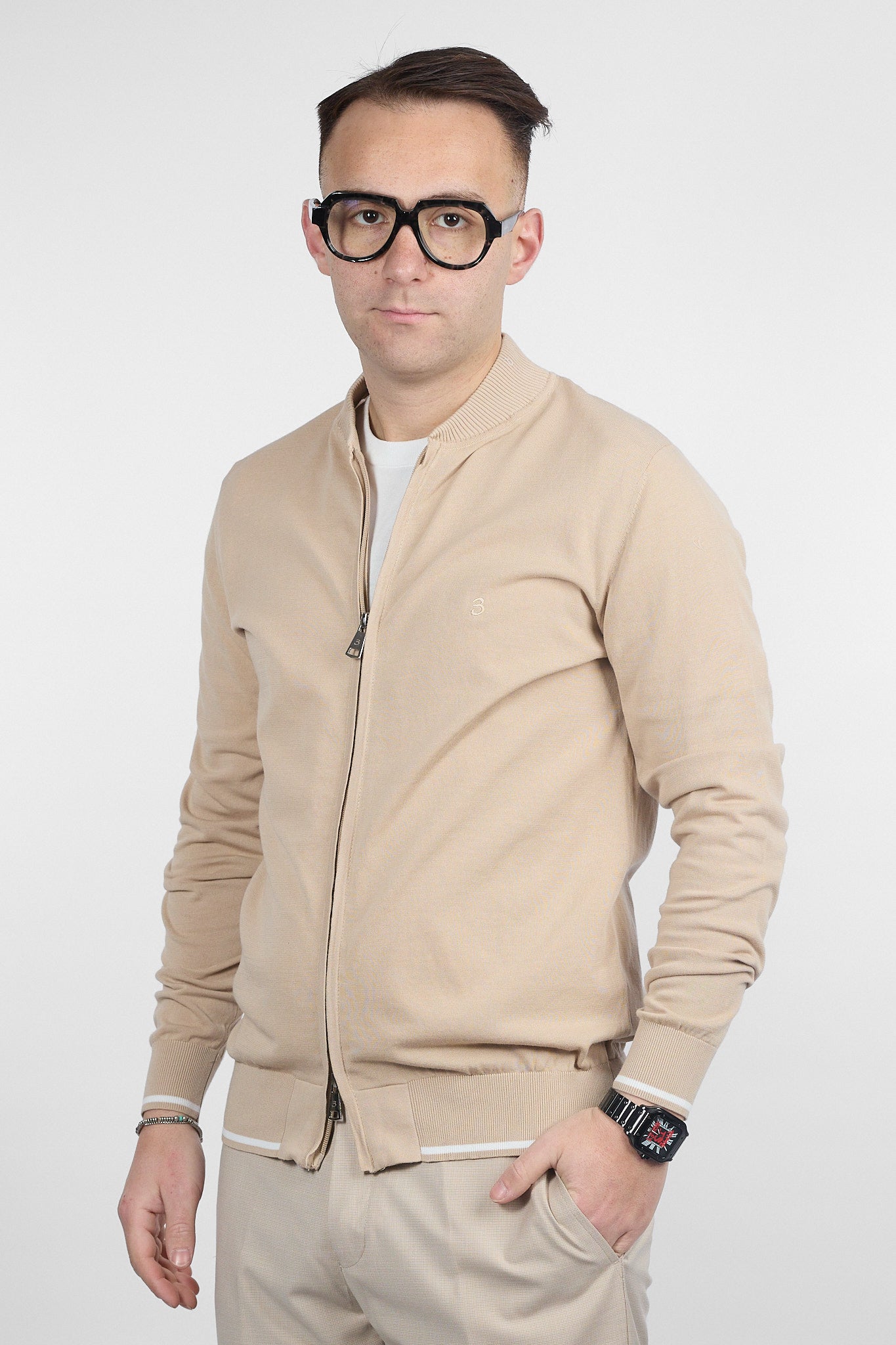 College Full Zip Doppio Cursore Cotone Finezza 16 | Beige