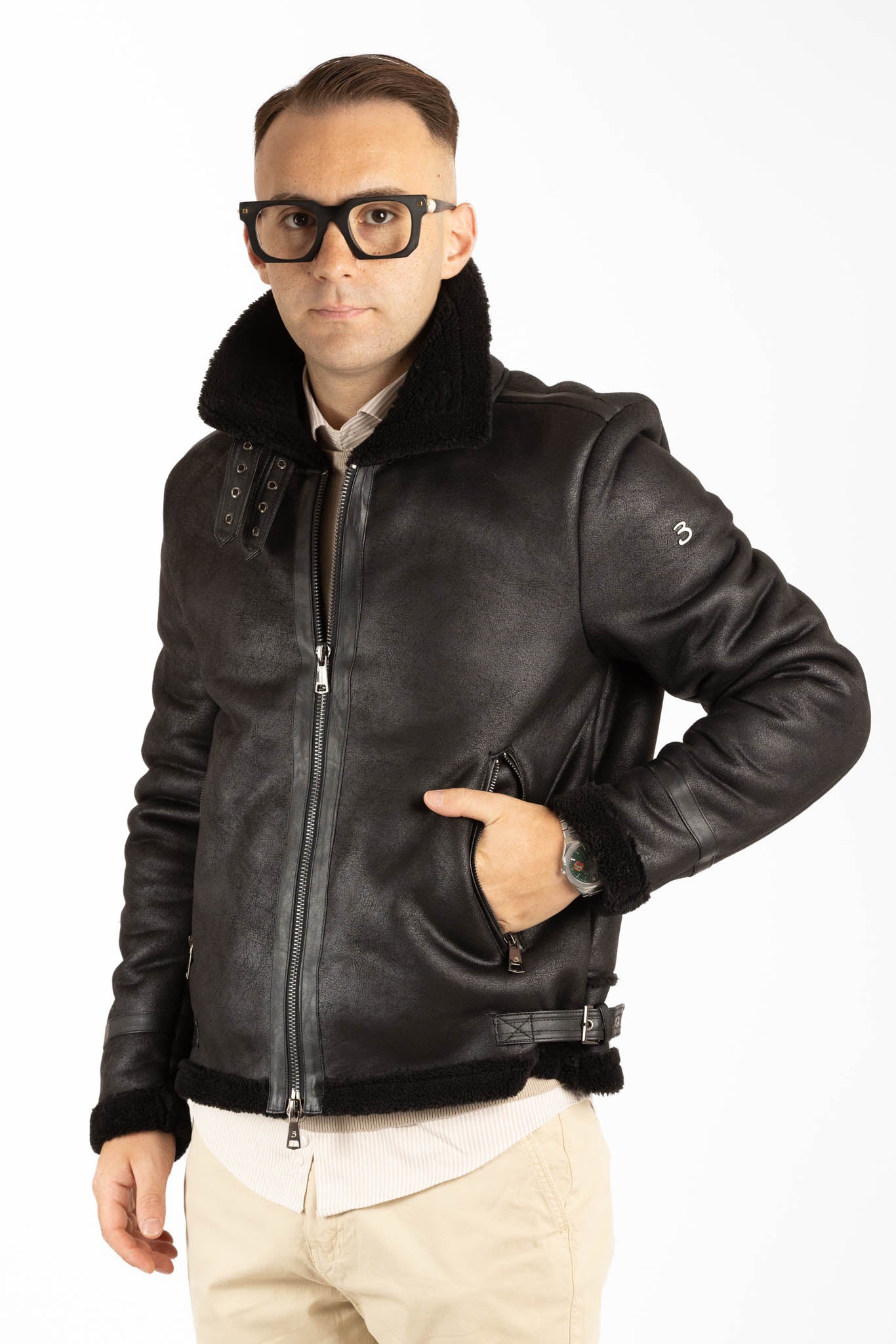 Modèle aviateur en peau de mouton écologique | Noir