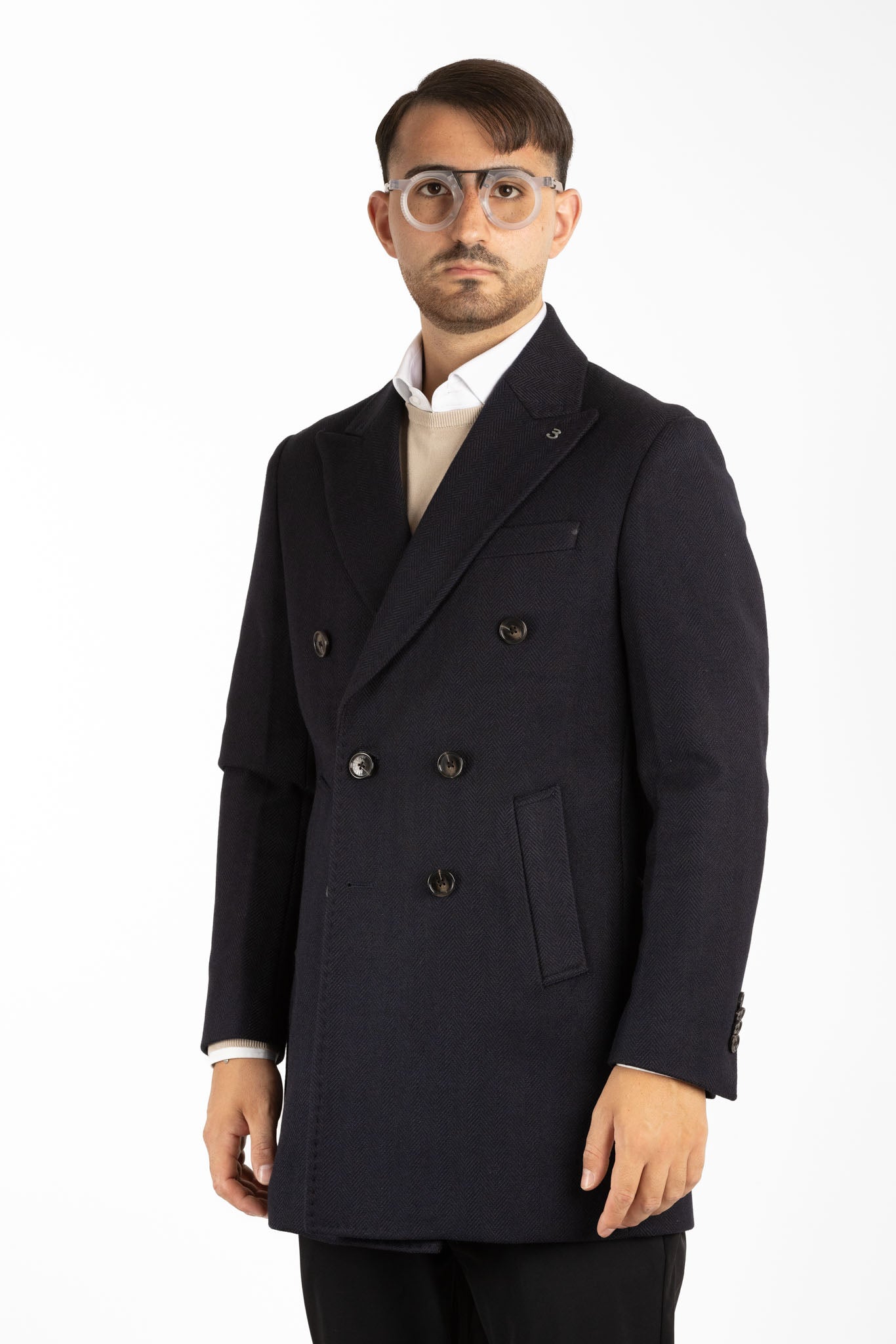 Manteau en tissu à chevrons à double boutonnage | Bleu