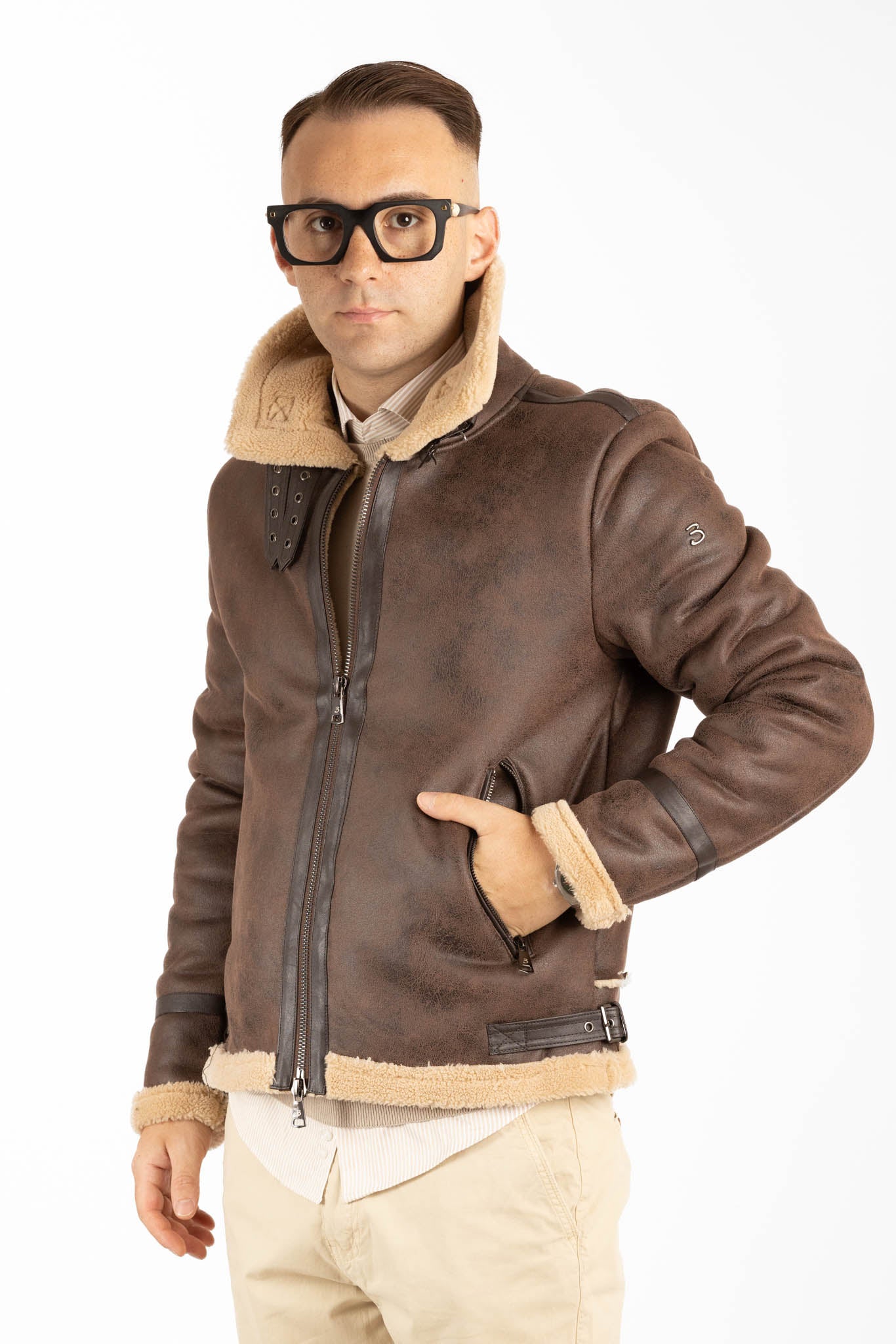 Lunettes de soleil aviateur en peau de mouton écologique | Marron foncé