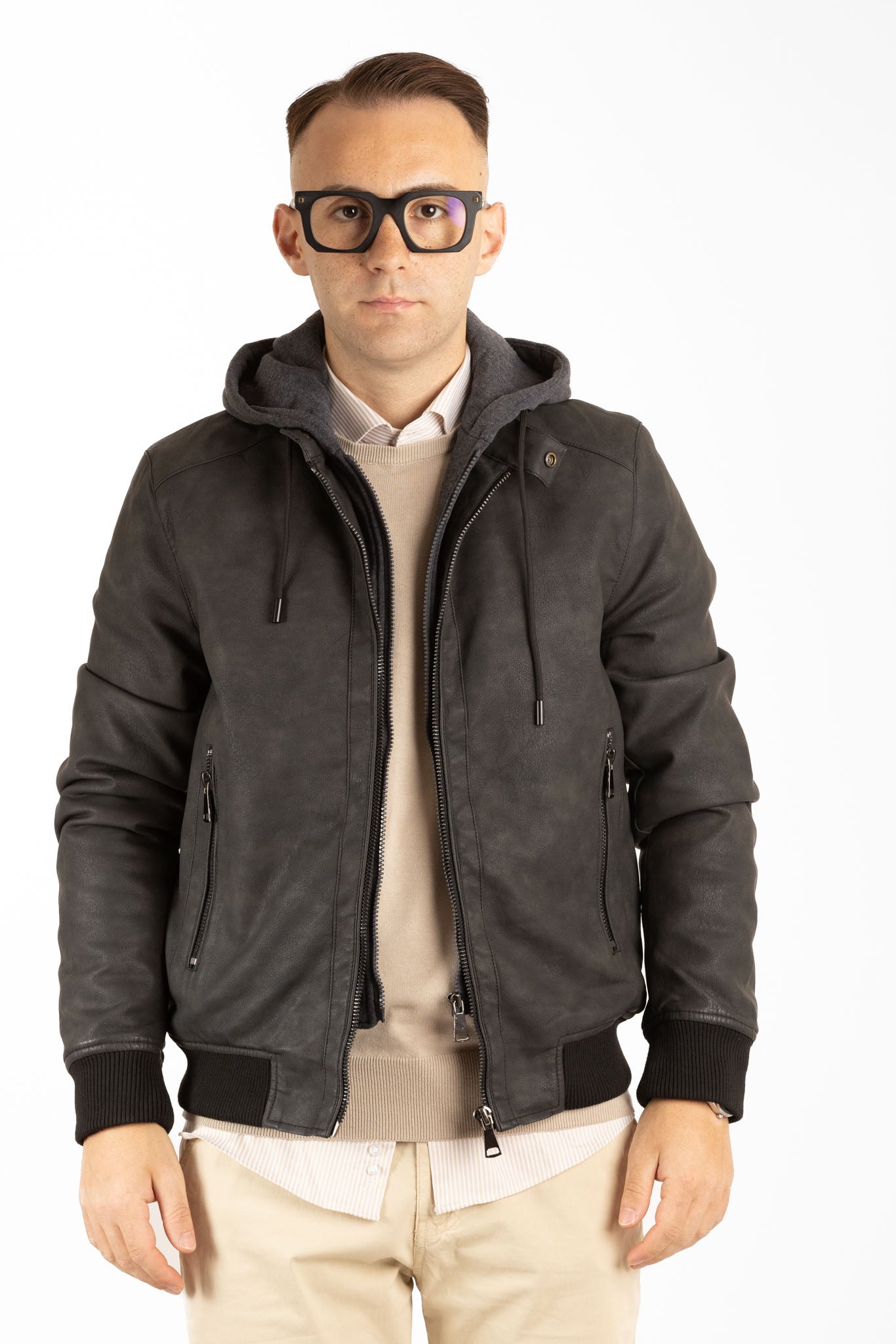 Bomber Simil Pelle con Cappuccio Rimovibile | Nero