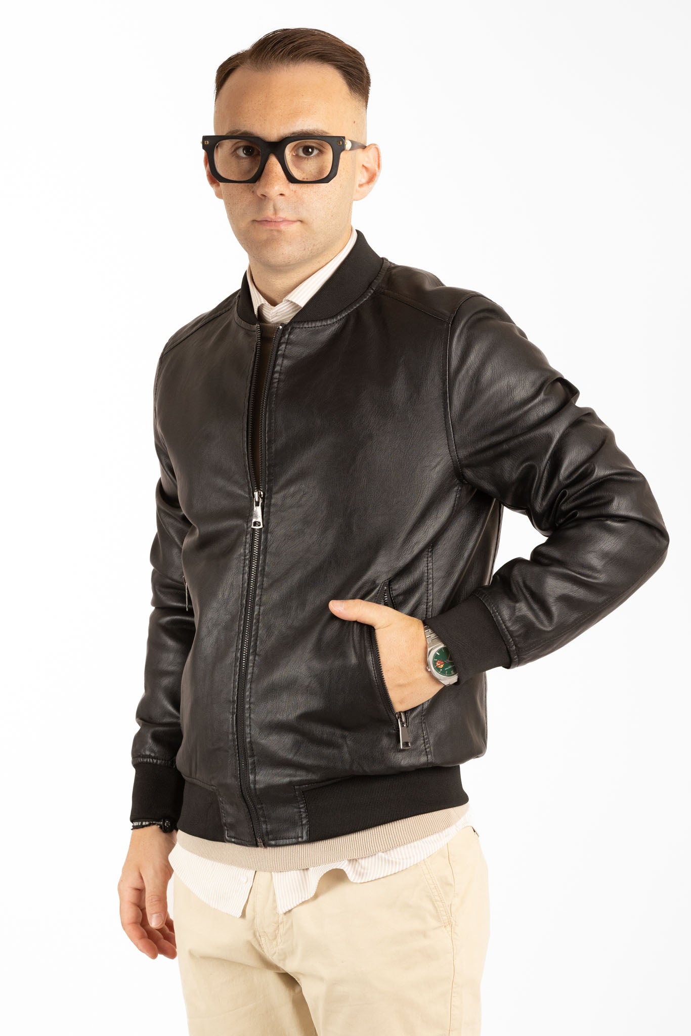 Bomber Simil Pelle College Imbottito | Nero